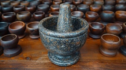   A wooden table, bearing various vases with distinct shapes and sizes, sits atop it