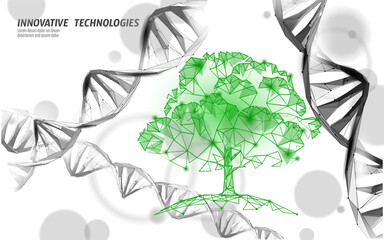  Plant leaf biotechnology abstract concept. 3D render seedling tree leaves DNA genome engineering vitamin supplement. Medical science life eco polygon triangles low poly vector illustration