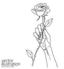 Hand with rose gift single continuous line art. Romantic love date relationship present flower silhouette concept design one sketch outline drawing white vector illustration