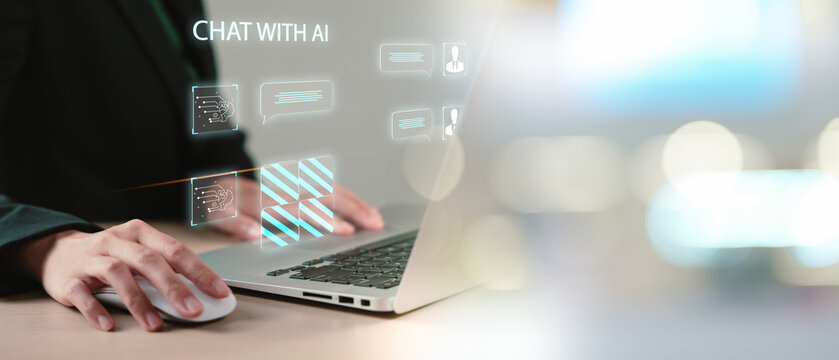 Technology tool AI to help and support work. businesswoman using the website or software for chatbot, chat AI, generate image, write code, and data analysis using technology smart robot AI