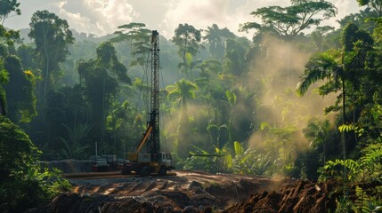 Drilling rig in a dense forest area, clearing among trees
