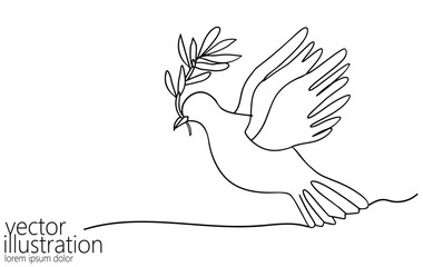Continuous line art dove of peace. World Day pigeon hope emblem against military conflict violence poster drawing sketch. National bird stop no war vector illustration