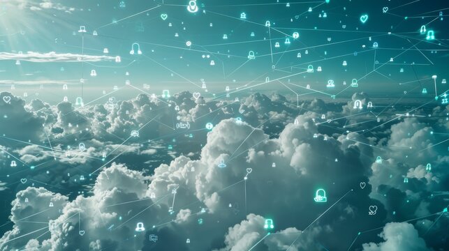 Internet social network icons. In the clear blue sky, numerous fluffy white clouds float gracefully, creating a mesmerizing scene. The sky is almost entirely covered with these clouds, giving the