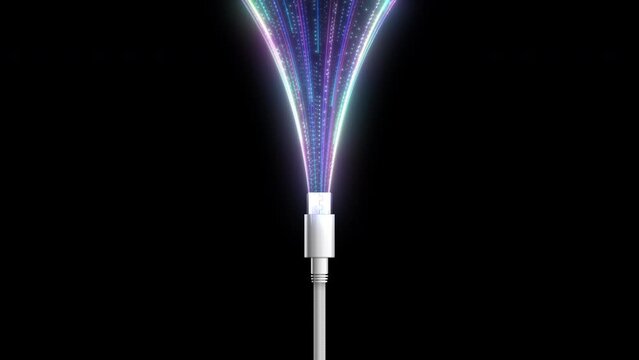 4K animation of phone jacks for cabling in white color with colors light particles.
Usb cable connectors. 
Cable for charging or transmitting information for modern electronic devices