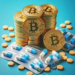 Bitcoins coins stack as pills, concept of stock market exchange or financial technology. Pills tab to don't be poor concept.