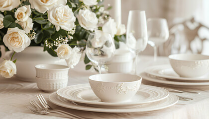 Festive table setting with white roses and vintage white dishes on a beige background