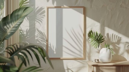 Blank a4 wood frame mockup interior background, circular motion, 3d rendering. Vertical painting plaque mockup. Clear table border with canvas panel template