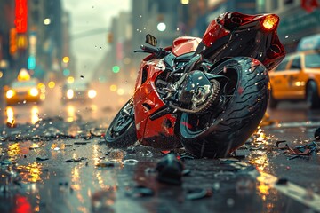 Red motorbike parked on wet city street with water pooling around tires