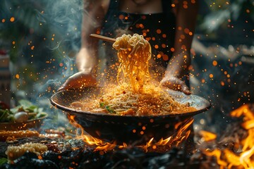 Person cooking noodles in liquid over fire using cookware - obrazy, fototapety, plakaty