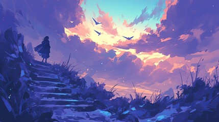 Stairway to the Sky: Anime-Inspired Fantasy Landscape with Girl and Birds - obrazy, fototapety, plakaty