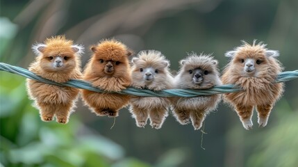   A gathering of small, brown and white animals atop a row of green wires against a vague backdrop