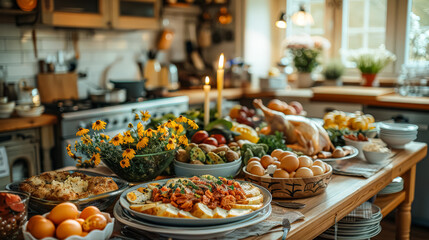 A large table is covered with a variety of food, including sandwiches, salads, and fruit. The table is set for a big family gathering or party