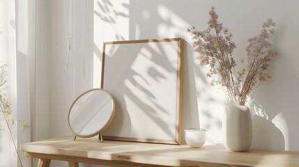 Blank a4 wood frame mockup interior background, circular motion, 3d rendering. Vertical painting plaque mockup. Clear table border with canvas panel template