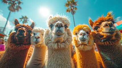   A collection of llamas align beside one another, framed by a blue backdrop dotted with palm trees - obrazy, fototapety, plakaty