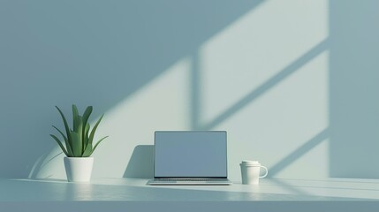 Image a laptop, a small plant and a coffee cup in desk. Minimalist flat lay blue background. - obrazy, fototapety, plakaty