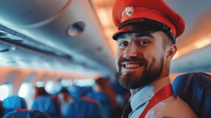 Portrait of a smiling male airline pilot in uniform inside the airplane cabin with blurred passengers and cabin crew in the background.