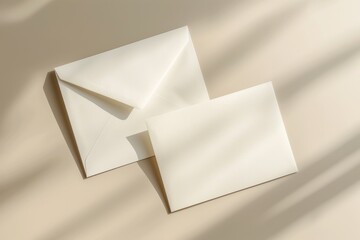Blank card and white envelope on ivory background with shadows. Top view