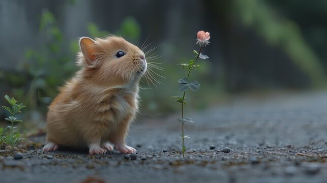   A small brown hamster poses beside a tiny pink blossom atop a pebbled path, near a leafy plant