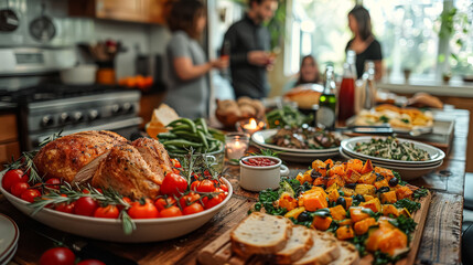 A group of people are gathered around a large table filled with food. Scene is warm and inviting, as the group of friends share a meal together