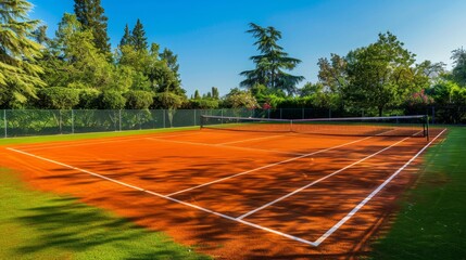 Tennis court with a net and perfectly maintained surface - obrazy, fototapety, plakaty