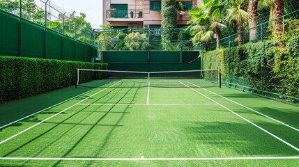 Tennis court with a net and perfectly maintained surface - obrazy, fototapety, plakaty