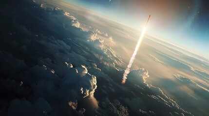 A rocket is soaring through the sky above fluffy white clouds, leaving a trail of exhaust behind. The blue sky contrasts with the bright white clouds as the rocket propels itself further into space.