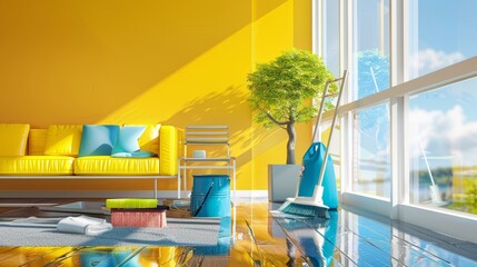 Interior cleaning concept with yellow sofa, blue bucket, mop, and cleaning equipment on reflective floor with copy space.