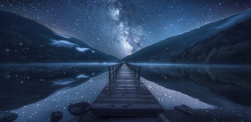 Astronomy Background, Serene Starry Night Sky Reflections on Calm Lake - obrazy, fototapety, plakaty