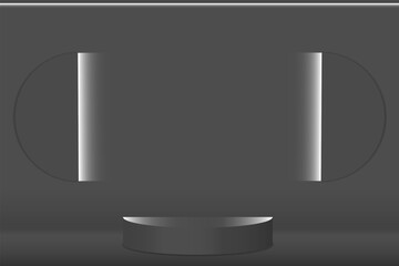 Semicircular realistic podium, pedestal, black on a dark background with white lighting on the wall. Vector illustration.