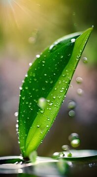 fresh green petal with lots of waterdrops falling down against a green blurred background, slow motion zoom, fresh vertical vood video