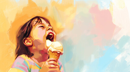Esboço criança tomando sorvete - Ilustração - obrazy, fototapety, plakaty