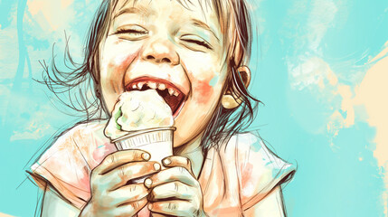 Esboço criança tomando sorvete - Ilustração - obrazy, fototapety, plakaty
