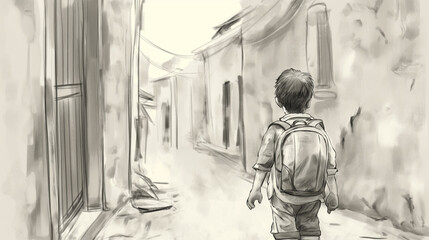 Esboço garoto com uma mochila nas costas andando por uma viela - Ilustração