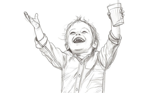 Esboço criança feliz tomando suco - Ilustração