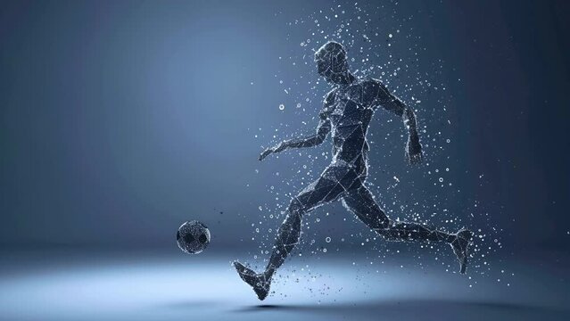Illustration of man with dispersion effect, kicking the ball pose; is perfect for background projects sport, gym, health, 4k virtual video animation.
