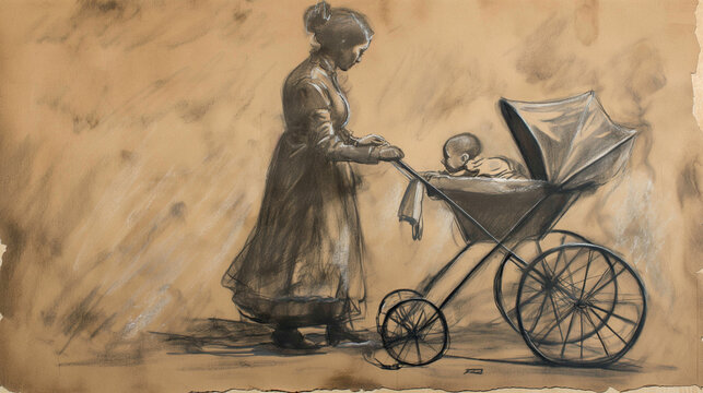 Esboço mulher levando um bebe em um carrinho - Ilustração