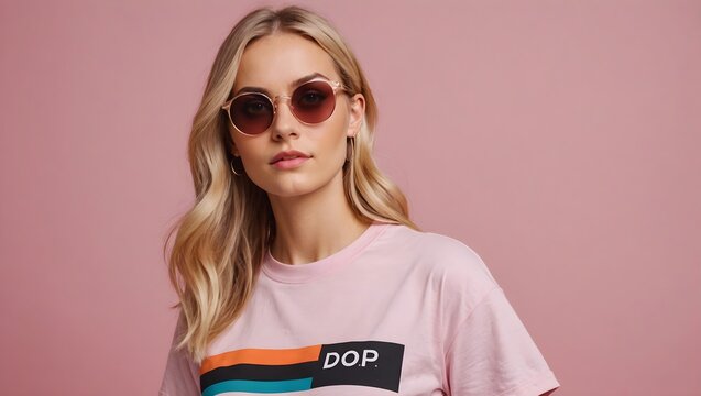 Full size photo of cute blond lady near promo wear eyewear t-shirt isolated on pink background