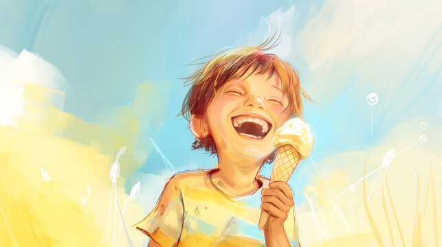 Esboço criança tomando sorvete - Ilustração