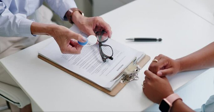 Optometrist, contact lenses and choice for glasses, vision and healthcare for sight. People, consultation and exam or assessment for eye care, prescription for optical test or medical insurance
