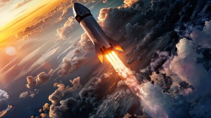 A rocket is seen soaring through the sky high above a layer of fluffy clouds. The rockets powerful engines propel it forward as it embarks on its journey through space.
