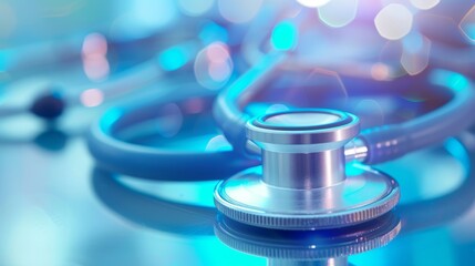 Close-up of a stethoscope with reflective blue light, suggesting high-tech medical environment. Modern healthcare and medicine concept with copy space for design and print - obrazy, fototapety, plakaty