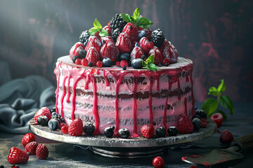 Cake with icing, decorated with various berries on a dark table. Strawberries, blueberries, red currants, mint.