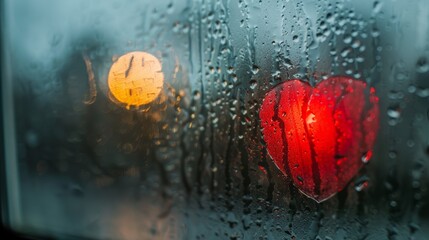 Rainy window with bokeh lights and a heart symbol, capturing a romantic and melancholic atmosphere. Ideal for themes of love, yearning, and weather-related moods