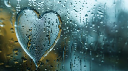 Raindrop-covered window with a heart drawing, symbolizing lost love or longing during rainy weather. Ideal for content related to heartache, introspection, and the changing seasons - obrazy, fototapety, plakaty