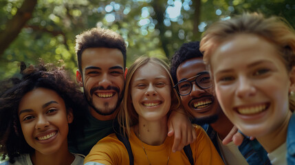 Obraz premium a group of people taking a picture together in a park with their arms around each other