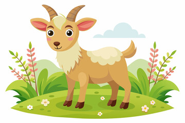 Image of ananny-goat in a meadow in a childlike style on a white background