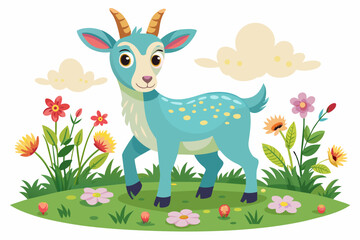 Obraz na płótnie Canvas Image of ananny-goat in a meadow in a childlike style on a white background