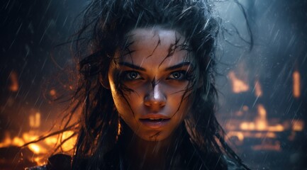 a woman with wet hair and dark eyes - obrazy, fototapety, plakaty