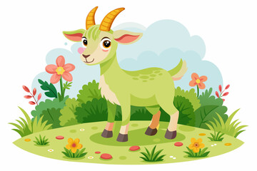 Obraz na płótnie Canvas Image of ananny-goat in a meadow in a childlike style on a white background