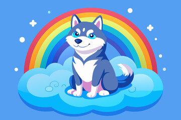 Husky dog with blue eyes sitting on a cloud, with a rainbow behind